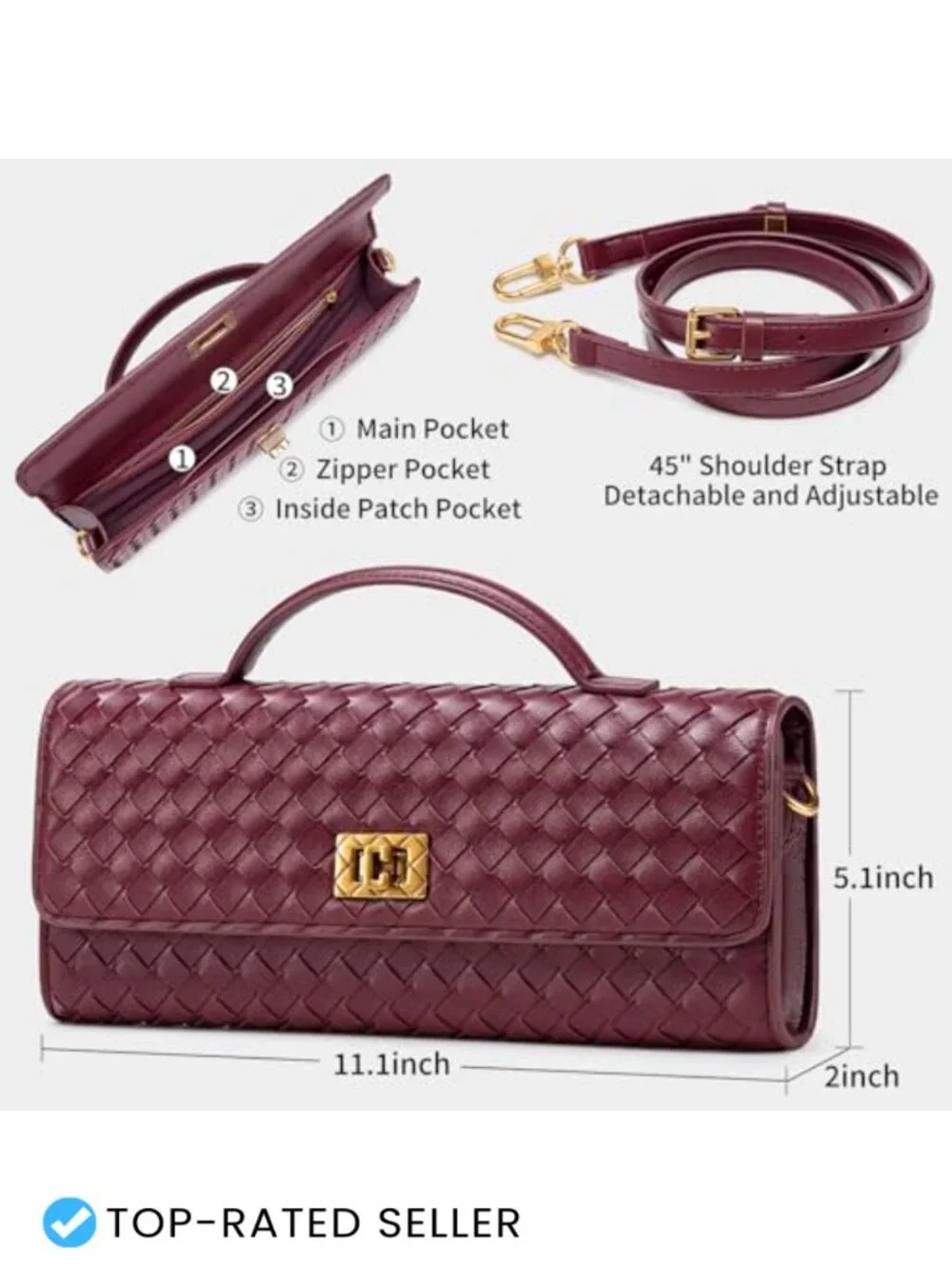 Handwoven PU Leather Evening Bag Clutch Crossbody with Removable Strap